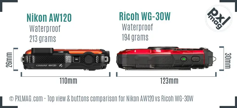 Nikon AW120 vs Ricoh WG-30W top view buttons comparison