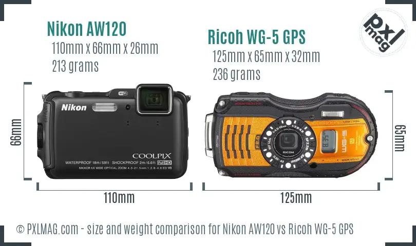 Nikon AW120 vs Ricoh WG-5 GPS size comparison