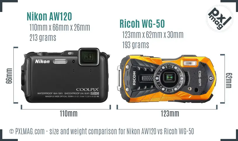 Nikon AW120 vs Ricoh WG-50 size comparison