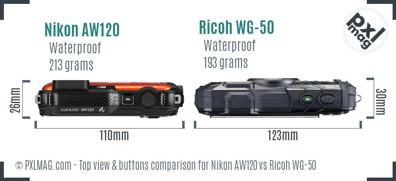 Nikon AW120 vs Ricoh WG-50 top view buttons comparison