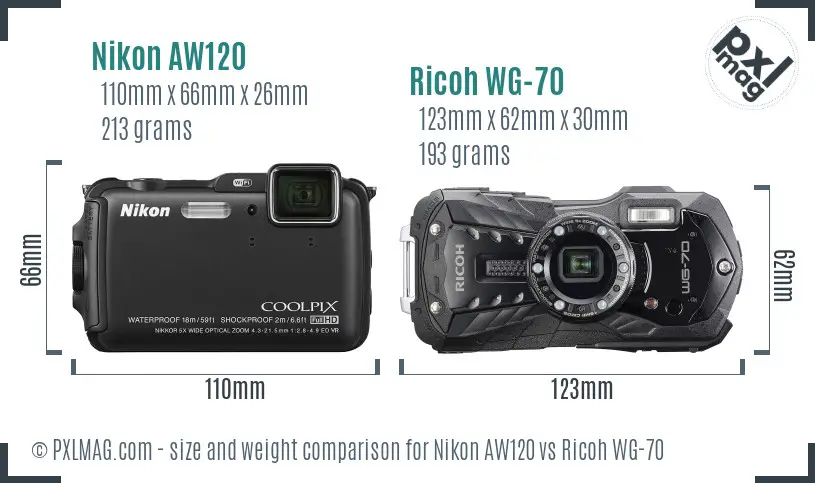 Nikon AW120 vs Ricoh WG-70 size comparison