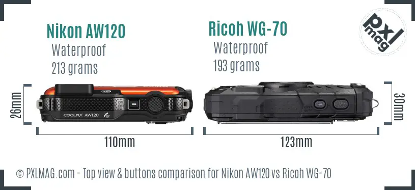 Nikon AW120 vs Ricoh WG-70 top view buttons comparison