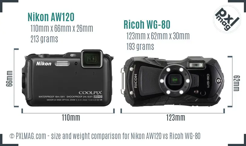 Nikon AW120 vs Ricoh WG-80 size comparison