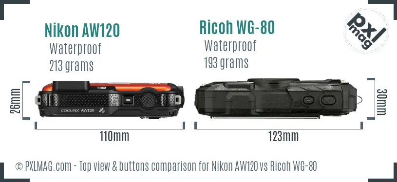 Nikon AW120 vs Ricoh WG-80 top view buttons comparison