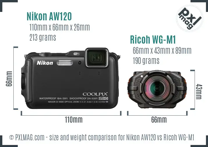 Nikon AW120 vs Ricoh WG-M1 size comparison