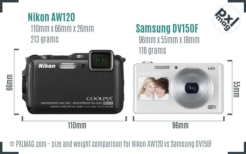 Nikon AW120 vs Samsung DV150F size comparison