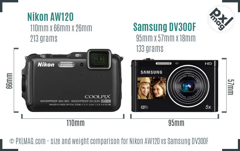 Nikon AW120 vs Samsung DV300F size comparison