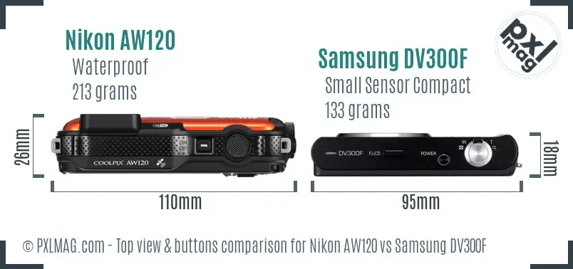 Nikon AW120 vs Samsung DV300F top view buttons comparison