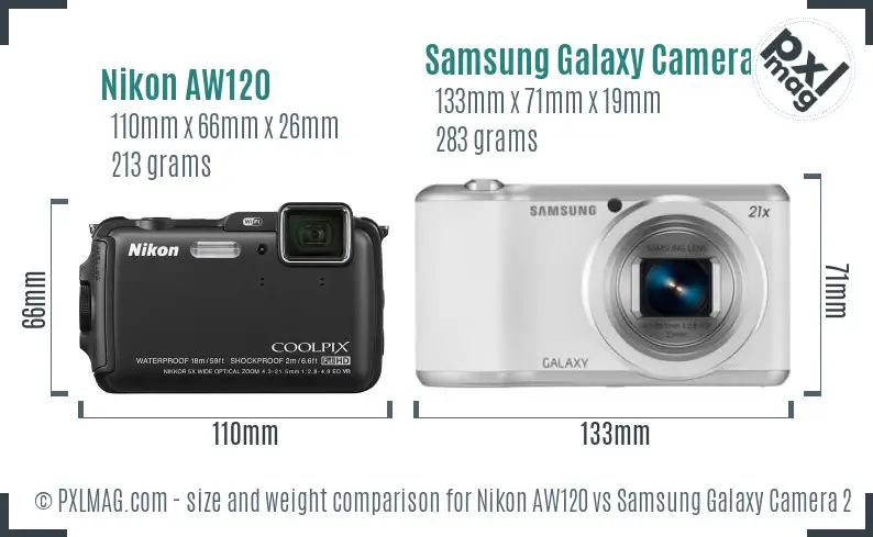 Nikon AW120 vs Samsung Galaxy Camera 2 size comparison