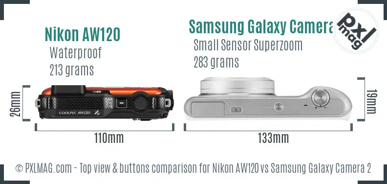 Nikon AW120 vs Samsung Galaxy Camera 2 top view buttons comparison