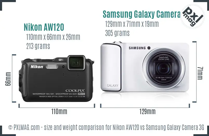 Nikon AW120 vs Samsung Galaxy Camera 3G size comparison