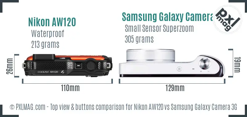 Nikon AW120 vs Samsung Galaxy Camera 3G top view buttons comparison