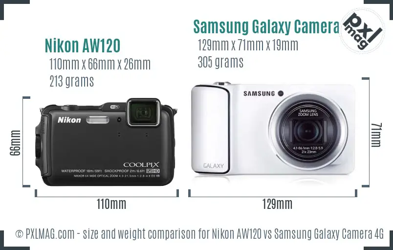 Nikon AW120 vs Samsung Galaxy Camera 4G size comparison