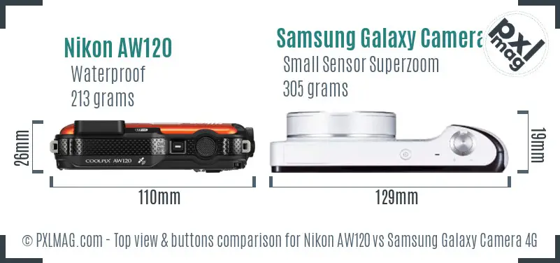 Nikon AW120 vs Samsung Galaxy Camera 4G top view buttons comparison