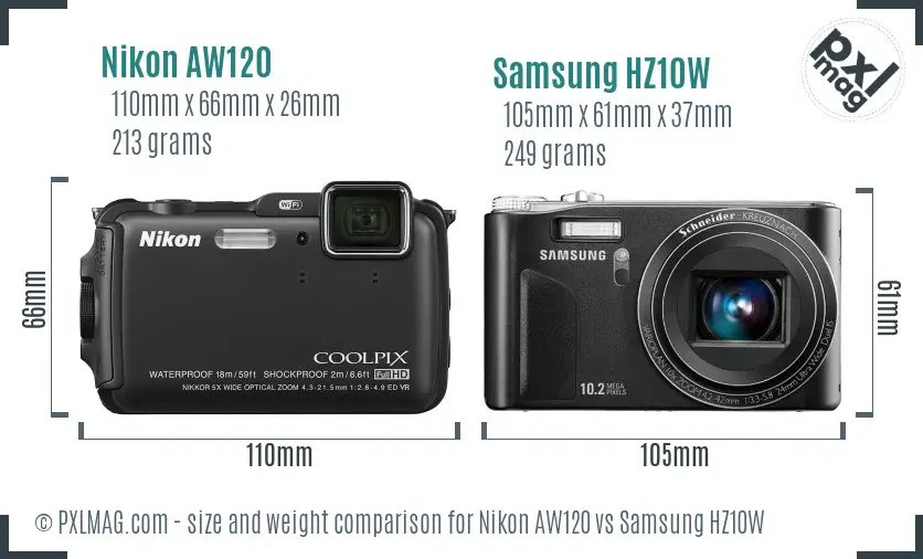 Nikon AW120 vs Samsung HZ10W size comparison