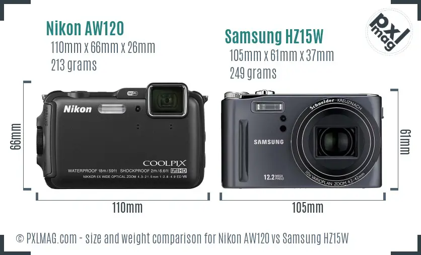 Nikon AW120 vs Samsung HZ15W size comparison