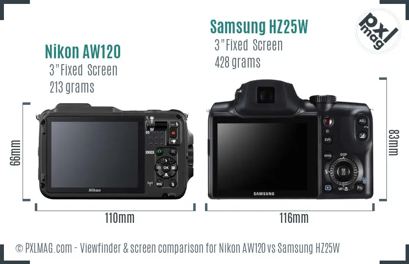 Nikon AW120 vs Samsung HZ25W Screen and Viewfinder comparison