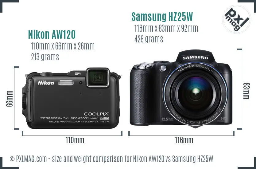 Nikon AW120 vs Samsung HZ25W size comparison