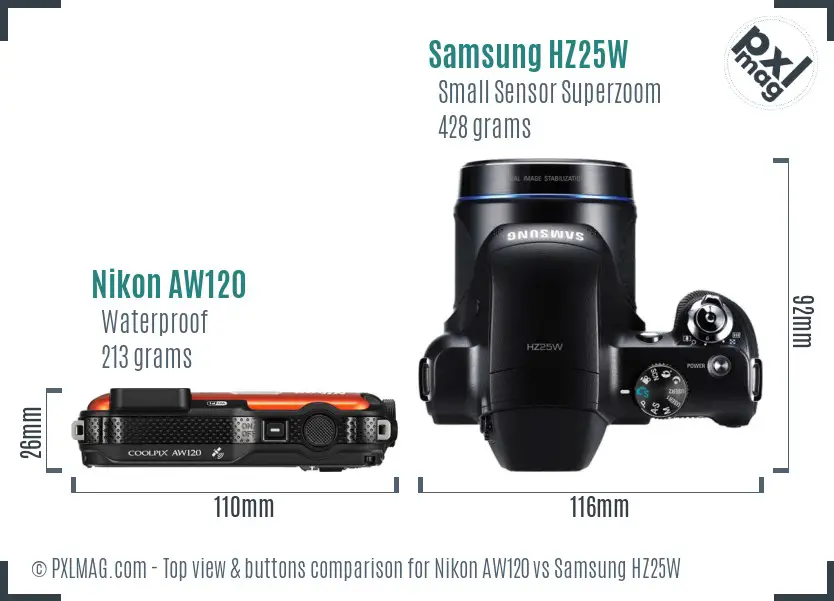 Nikon AW120 vs Samsung HZ25W top view buttons comparison