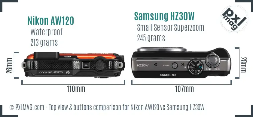 Nikon AW120 vs Samsung HZ30W top view buttons comparison