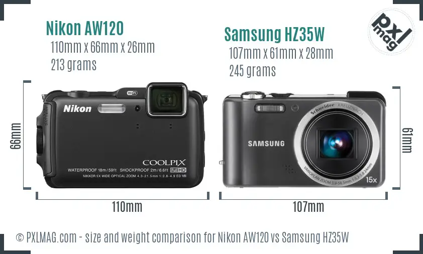 Nikon AW120 vs Samsung HZ35W size comparison