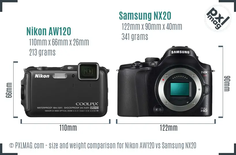 Nikon AW120 vs Samsung NX20 size comparison