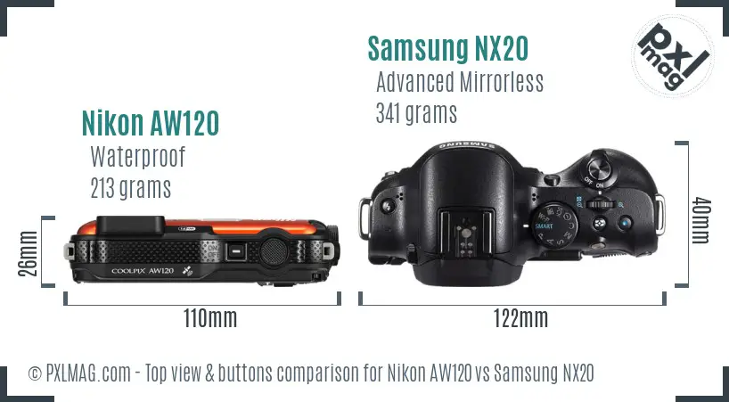 Nikon AW120 vs Samsung NX20 top view buttons comparison