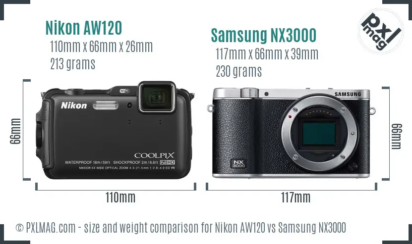 Nikon AW120 vs Samsung NX3000 size comparison
