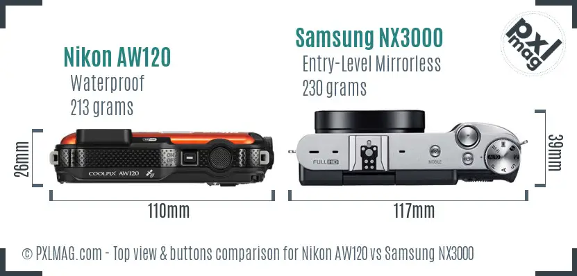 Nikon AW120 vs Samsung NX3000 top view buttons comparison