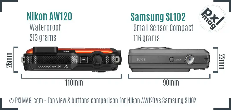 Nikon AW120 vs Samsung SL102 top view buttons comparison