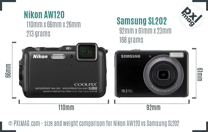 Nikon AW120 vs Samsung SL202 size comparison