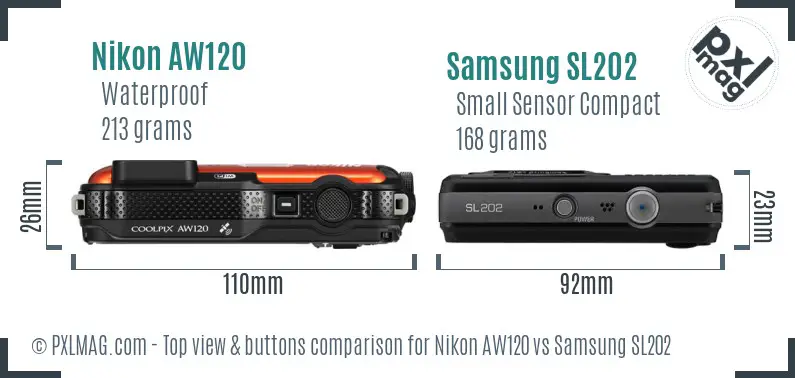 Nikon AW120 vs Samsung SL202 top view buttons comparison