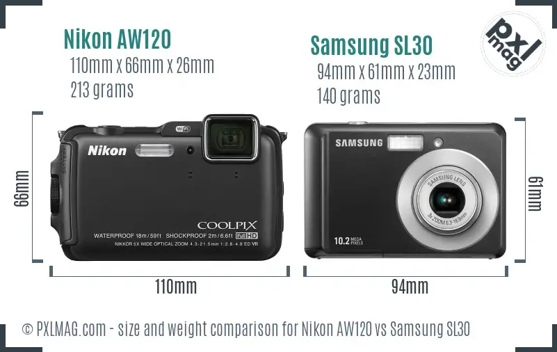 Nikon AW120 vs Samsung SL30 size comparison