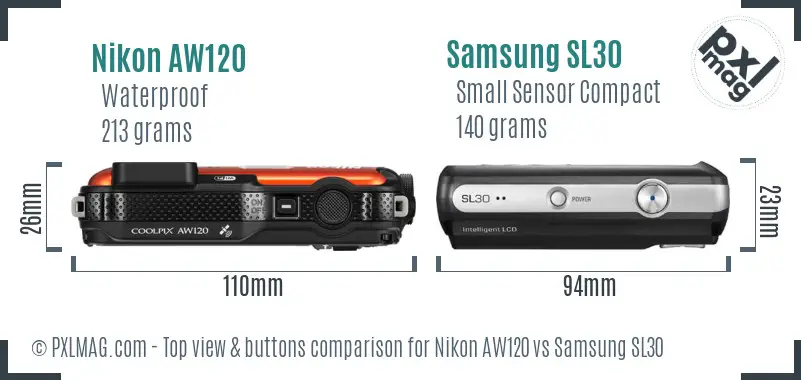 Nikon AW120 vs Samsung SL30 top view buttons comparison