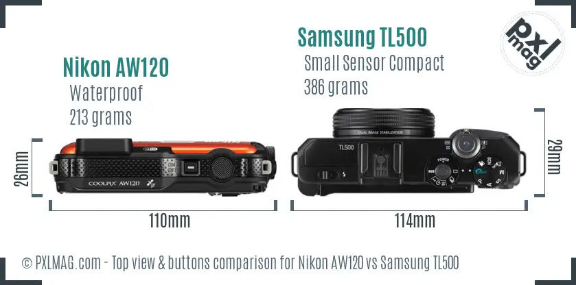 Nikon AW120 vs Samsung TL500 top view buttons comparison