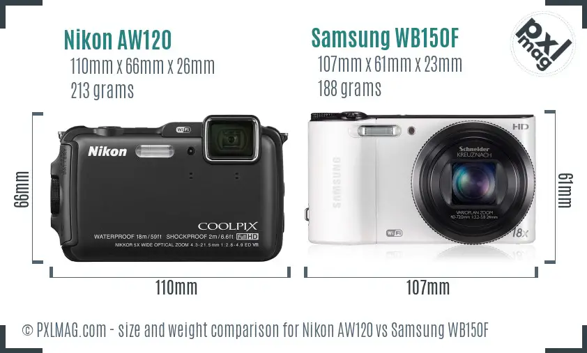 Nikon AW120 vs Samsung WB150F size comparison