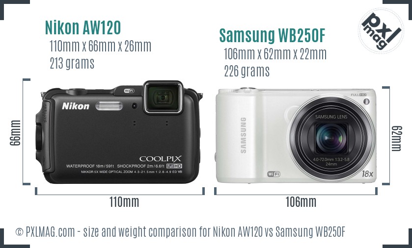 Nikon AW120 vs Samsung WB250F size comparison