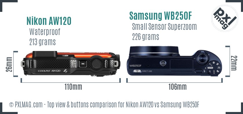 Nikon AW120 vs Samsung WB250F top view buttons comparison