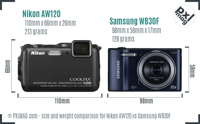 Nikon AW120 vs Samsung WB30F size comparison