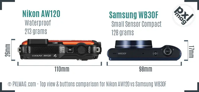 Nikon AW120 vs Samsung WB30F top view buttons comparison