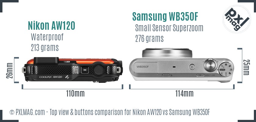 Nikon AW120 vs Samsung WB350F top view buttons comparison