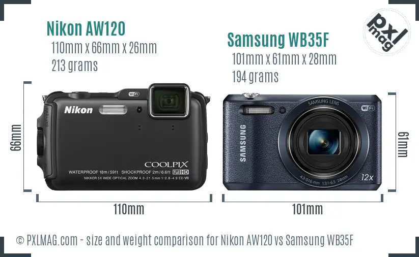 Nikon AW120 vs Samsung WB35F size comparison