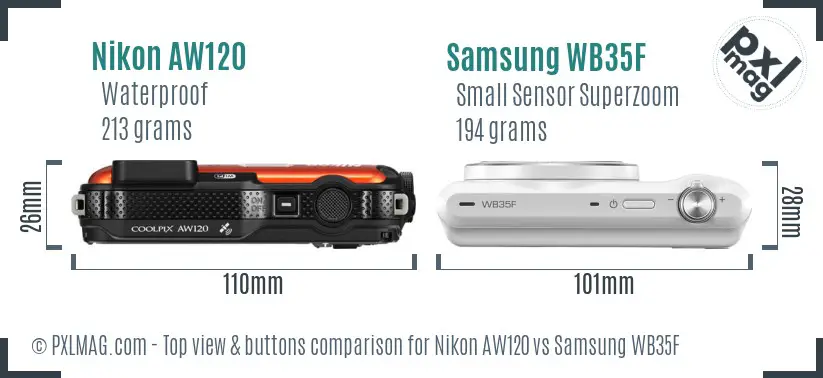 Nikon AW120 vs Samsung WB35F top view buttons comparison