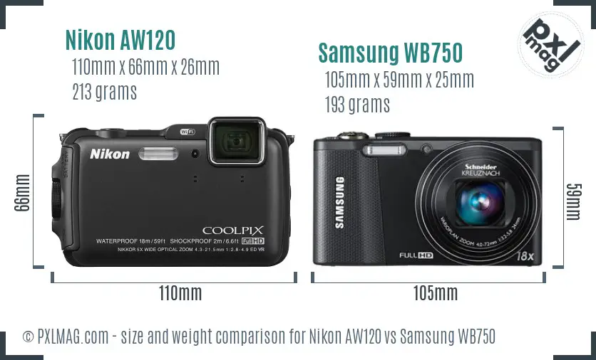 Nikon AW120 vs Samsung WB750 size comparison Nikon AW120 vs Samsung WB750 size comparison