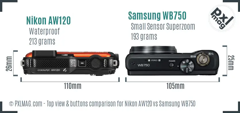 Nikon AW120 vs Samsung WB750 top view buttons comparison Nikon AW120 vs Samsung WB750 top view buttons comparison
