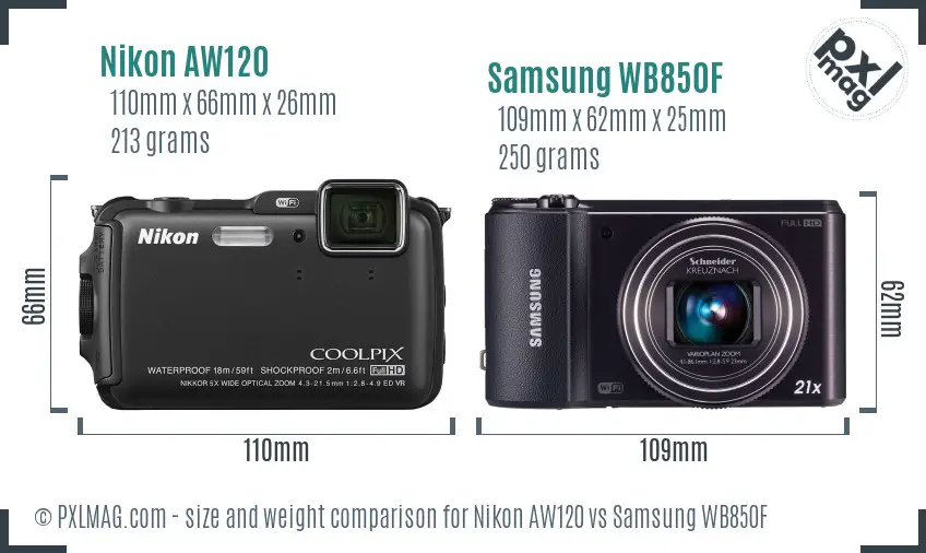 Nikon AW120 vs Samsung WB850F size comparison
