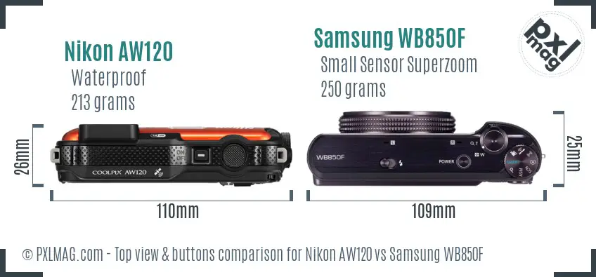 Nikon AW120 vs Samsung WB850F top view buttons comparison