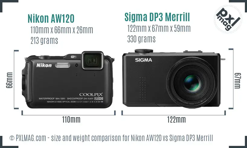 Nikon AW120 vs Sigma DP3 Merrill size comparison