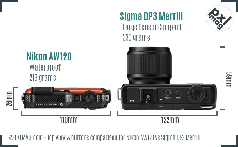 Nikon AW120 vs Sigma DP3 Merrill top view buttons comparison