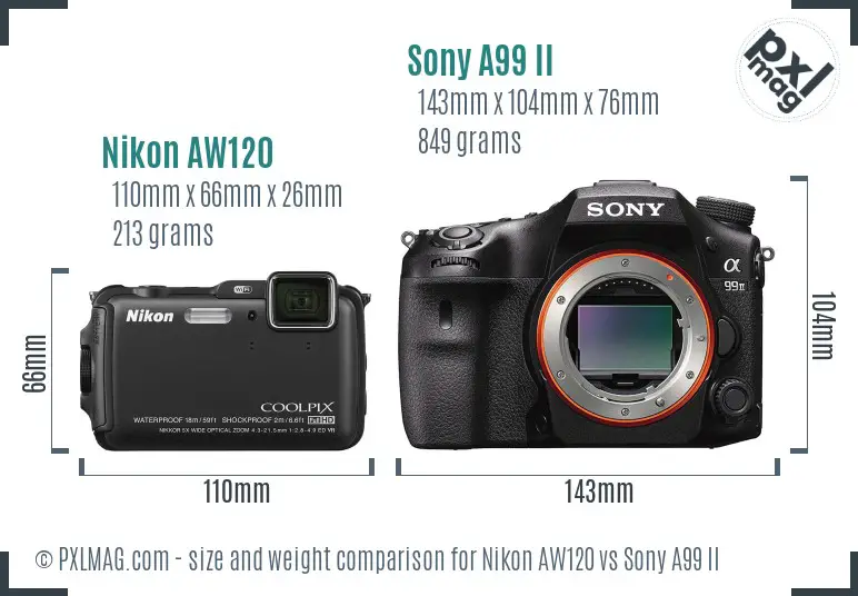 Nikon AW120 vs Sony A99 II size comparison
